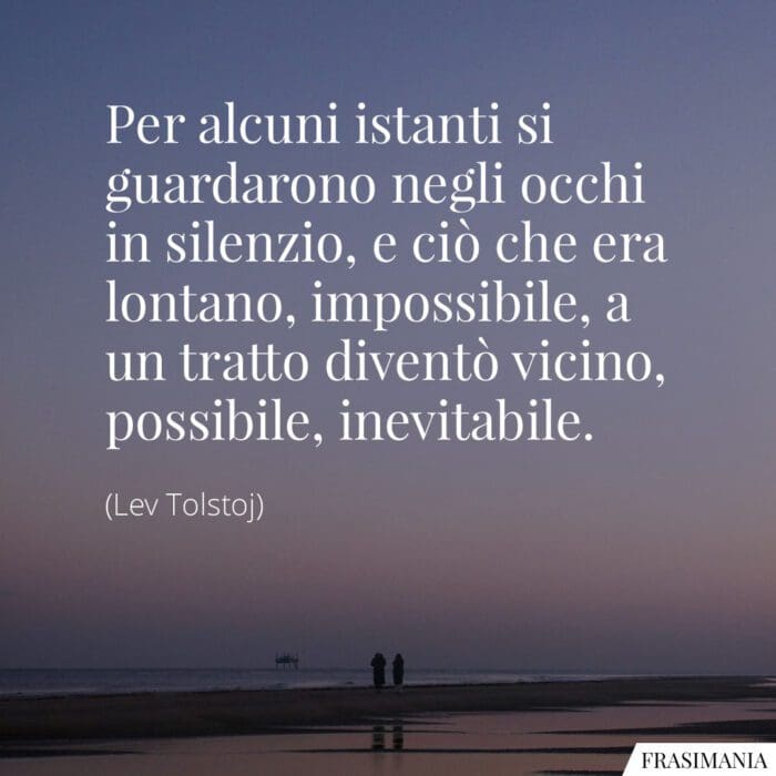 Per alcuni istanti si guardarono negli occhi in silenzio, e ciò che era lontano, impossibile, a un tratto diventò vicino, possibile, inevitabile.