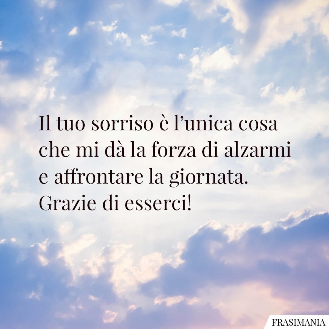 Il tuo sorriso è l'unica cosa che mi dà la forza di alzarmi e affrontare la giornata. Grazie di esserci!