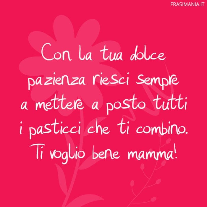 Con la tua dolce pazienza riesci sempre a mettere a posto tutti i pasticci che ti combino. Ti voglio bene mamma!