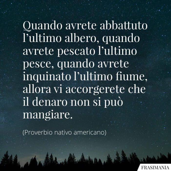 Quando avrete abbattuto l'ultimo albero, quando avrete pescato l'ultimo pesce, quando avrete inquinato l'ultimo fiume, allora vi accorgerete che il denaro non si può mangiare.